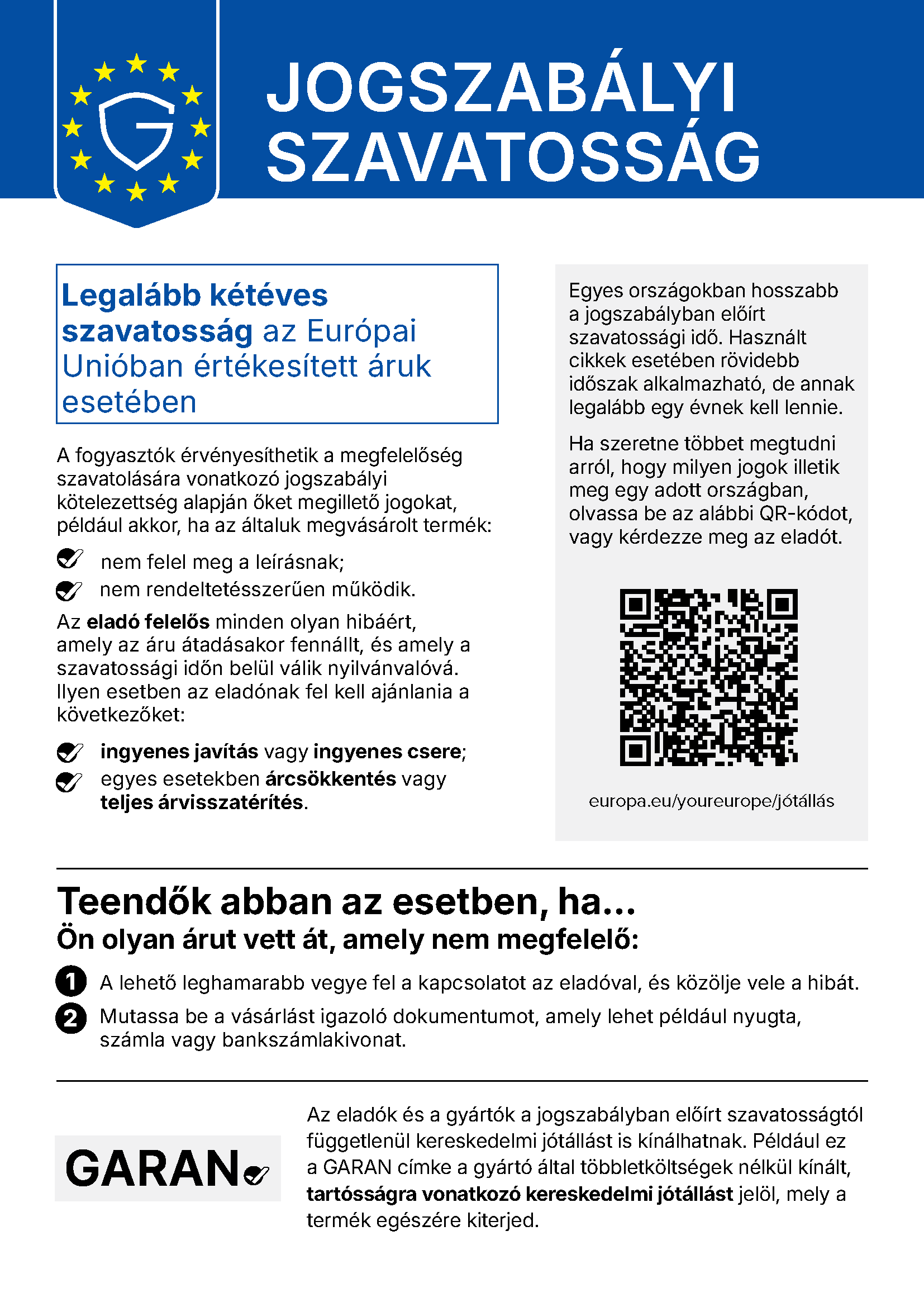 European Union harmonised notice on the legal guarantee of conformity
