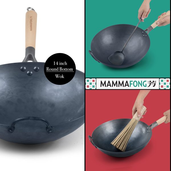 Mammafong kézzel készített autentikus szénacél wok bambusz kefével
