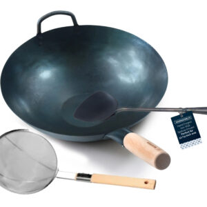 Starter wok szett: Lapos aljú, 35 cm-es, beavatott wok lapáttal és szűrővel